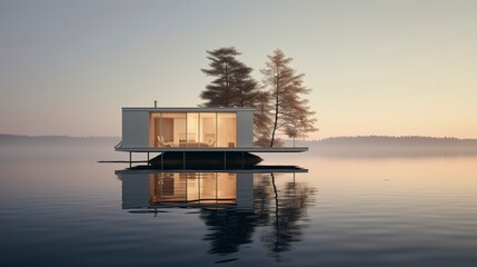 A photo of a Minimal Houseboat Reflecting Tranquility - obrazy, fototapety, plakaty