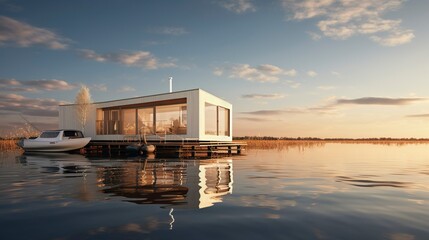 A photo of a Minimal Houseboat in Soft Waterfront nature - obrazy, fototapety, plakaty