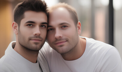 Obraz premium Two young American men in love hugging on a blurred background