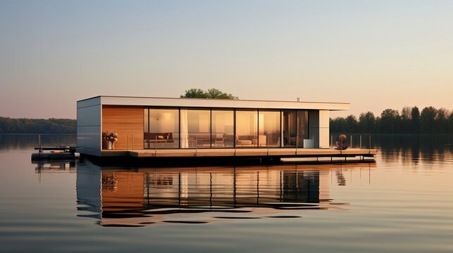 A photo of a Minimal Houseboat Reflecting Tranquility
