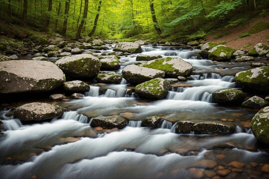 A small stream flowing through a forest.