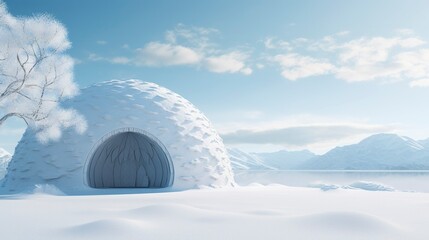 Igloo with warm light from entrance at twilight in a snowy landscape. - obrazy, fototapety, plakaty