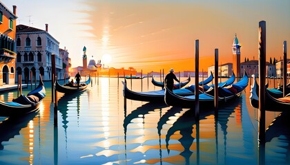 Scenic view of gondolas on tranquil water with a vibrant sunset in Venice, Italy, reflecting warm hues on the Grand Canal against a picturesque city backdrop. - obrazy, fototapety, plakaty