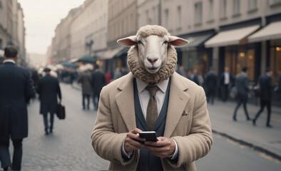sheep in suit using mobile phone on city street , detailed, 8k uhd, high quality, film grain,...