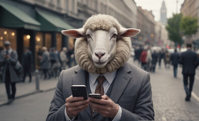 Fototapeta premium sheep in suit using mobile phone on city street , detailed, 8k uhd, high quality, film grain, canon, 50mm, dramatic light