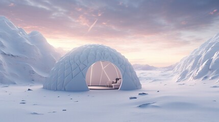 Igloo with warm light from entrance at twilight in a snowy landscape. - obrazy, fototapety, plakaty
