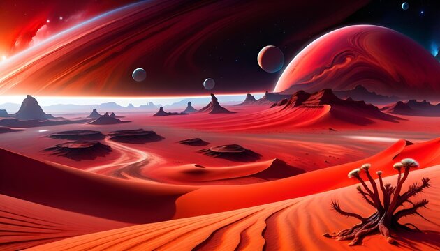 Surreal alien landscape with red sand dunes, bizarre rock formations, and multiple moons in a vibrant red sky, depicting an extraterrestrial desert scene.