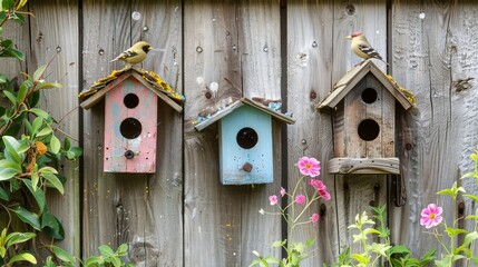 Three birdhouses adorn an aged wooden fence.