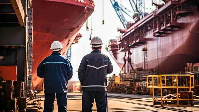 Big ship under construction in shipyard with shipyard workers around