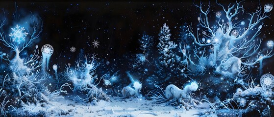 Enchanted Forest Winter Night Glowing Creatures Magic Snowflakes Mystical Landscape