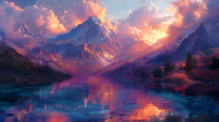 Sunset Mountain Landscape Reflection Lake Scenic Majestic Vibrant Twilight Serene Wilderness