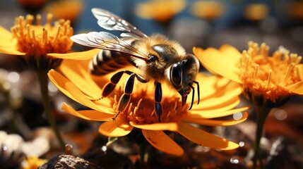 Bee on a flower. Selective focus. Shallow depth of field. - obrazy, fototapety, plakaty