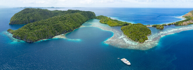 The scenic limestone islands of Penemu, fringed by reef, rise from Raja Ampat's tropical seascape....