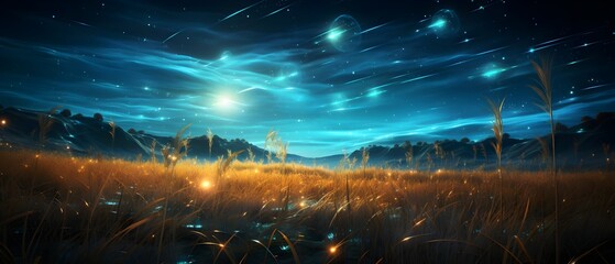 Starry Night Sky Luminous Meteor Shower Over Golden Wheat Field