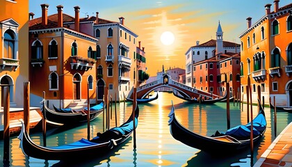 Colorful digital artwork of a serene Venetian canal with gondolas and a picturesque bridge, set against a warm sunset backdrop, evoking a romantic Italian ambiance. - obrazy, fototapety, plakaty