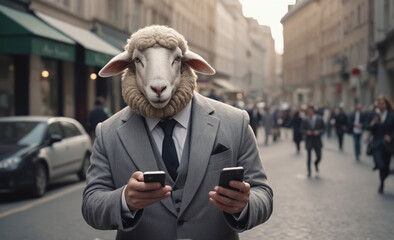 Obraz premium sheep in suit using mobile phone on city street , detailed, 8k uhd, high quality, film grain, canon, 50mm, dramatic light
