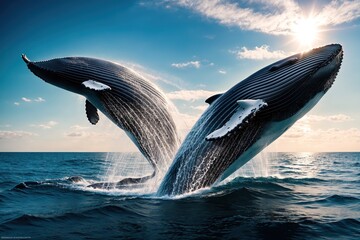 Two humpback whales jumping out of the water, with their flippers and tails in the air. - obrazy, fototapety, plakaty
