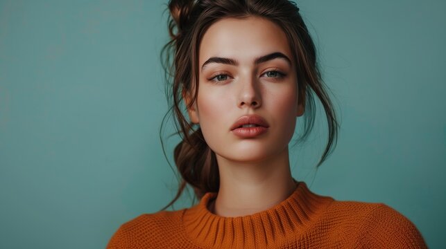 A stylish and confident woman embodying the essence of a supermodel, against a solid color backdrop, with plenty of copy space for text, real photo