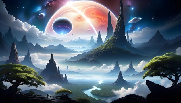 Surreal fantasy landscape with majestic mountains, ethereal trees, and a sky graced by giant planets, moons, and a distant galaxy, evoking a sense of otherworldly adventure.