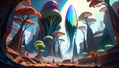 Surreal alien landscape with vibrant, oversized mushrooms and a lone figure exploring the fantastical terrain under a colorful sky.