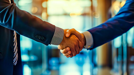Two businessmen shake hands to make a deal in office.