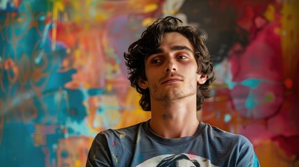 Young man with curly hair in front of vibrant, colorful graffiti wall, looking contemplative