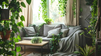 Cozy living room adorned with lush greenery and comfortable sofas.