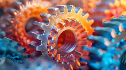 A close up of a bunch of gears that are all different colors, AI