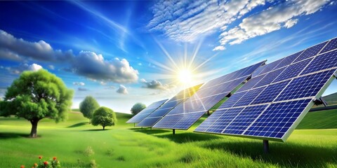 Solar panels harnessing sunlight in a serene eco-friendly landscape under a vibrant blue sky - obrazy, fototapety, plakaty