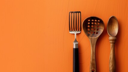 Kitchen utensils including spatula, slotted spoon, and wooden spoon against orange background