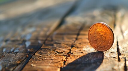 Single penny standing upright on weathered wooden surface, bathed in warm sunlight
