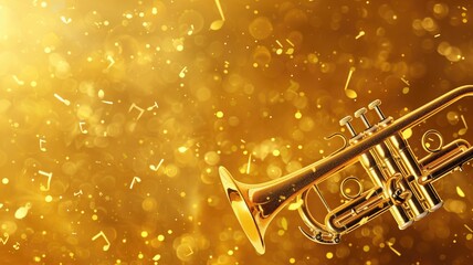 Trumpet surrounded by musical notes on festive golden background with sparkling bokeh effects