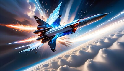 Futuristic fighter jet soaring at high speed through a dynamic sky with dramatic clouds and light effects, symbolizing advanced technology and military power. - obrazy, fototapety, plakaty