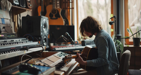 Man with long hair playing acoustic guitar in home music studio surrounded by instruments and recording equipment - obrazy, fototapety, plakaty