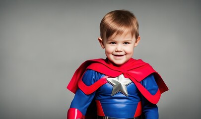 A young boy wearing a superhero costume, standing in front of a gray background.