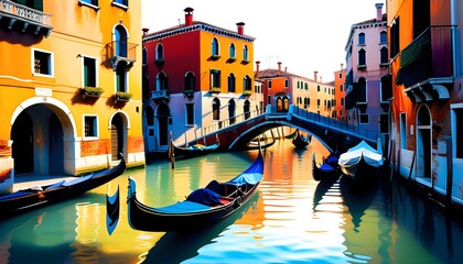 Colorful digital artwork of a Venetian canal with gondolas and traditional buildings reflecting in the water, capturing the essence of Venice, Italy. - obrazy, fototapety, plakaty