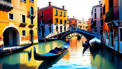 Rollo Colorful digital artwork of a Venetian canal with gondolas and traditional buildings reflecting in the water, capturing the essence of Venice, Italy. © Vas