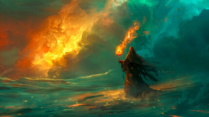Mystic fire summoner in elemental clash - obrazy, fototapety, plakaty
