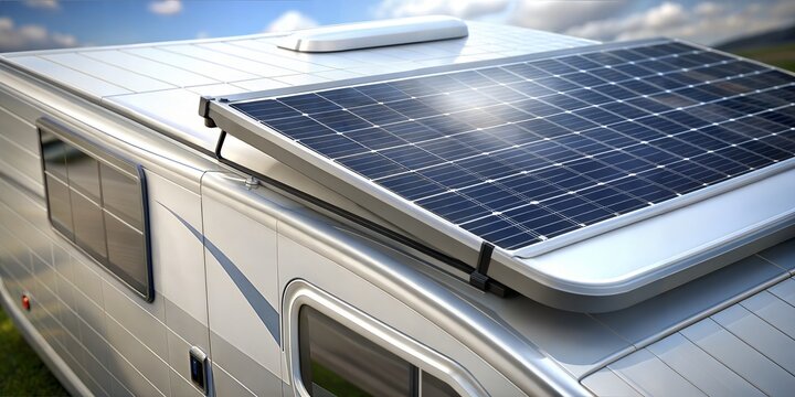 Eco-friendly travel concept with solar panels installed on a camper van roof under the clear blue sky
