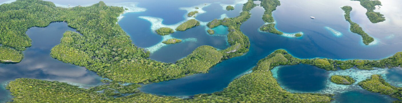 The scenic limestone islands of Pef, fringed by reef, rise from Raja Ampat's tropical seascape. This part of Indonesia is known as the heart of the Coral Triangle due its high marine biodiversity.