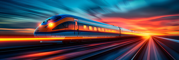 Railroad in motion at sunset. Railway station,
a futuristic train is moving along a city street with long exposures of the lights on the train and the building behind the train. the futuristic transpo - obrazy, fototapety, plakaty