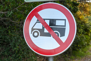 Traffic sign: No camping. Motorhome prohibited sign. 