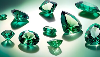 Assorted emerald gemstones of various cuts and sizes on a reflective surface with soft lighting, highlighting the gems' brilliance and rich green hues.