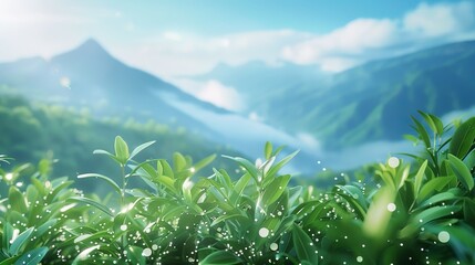 Decorate your space with this free background featuring a blurred mountain landscape, clear blue sky, and lush greenery.