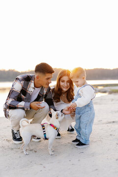 Family walking dog sandy beach lake togetherness 