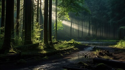 Beautiful rays of sunlight in a green forest - obrazy, fototapety, plakaty