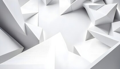 Abstract geometric background of white 3D shapes, featuring pyramids and irregular polygons with a minimalist design, suitable for modern wallpapers or graphic elements.
