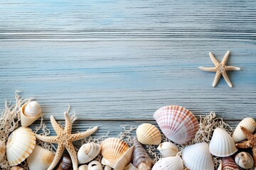 stock photo of a summer time concept with sea shells and starfish on a blue wooden background Generative AI