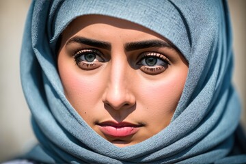 A woman wearing a hijab, a traditional Islamic headscarf, looking directly at the camera with a serious expression on