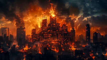 Dramatic digital artwork of a city engulfed in flames against a dusky sky